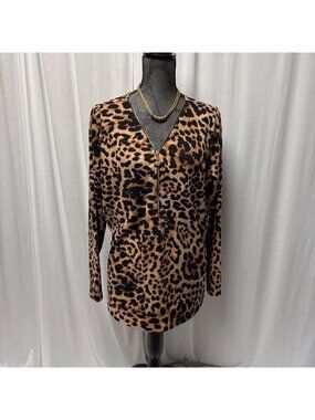 Kim Gravel Belle Top Womens Large Leopard Print Partial Zip Front Long Sleeve